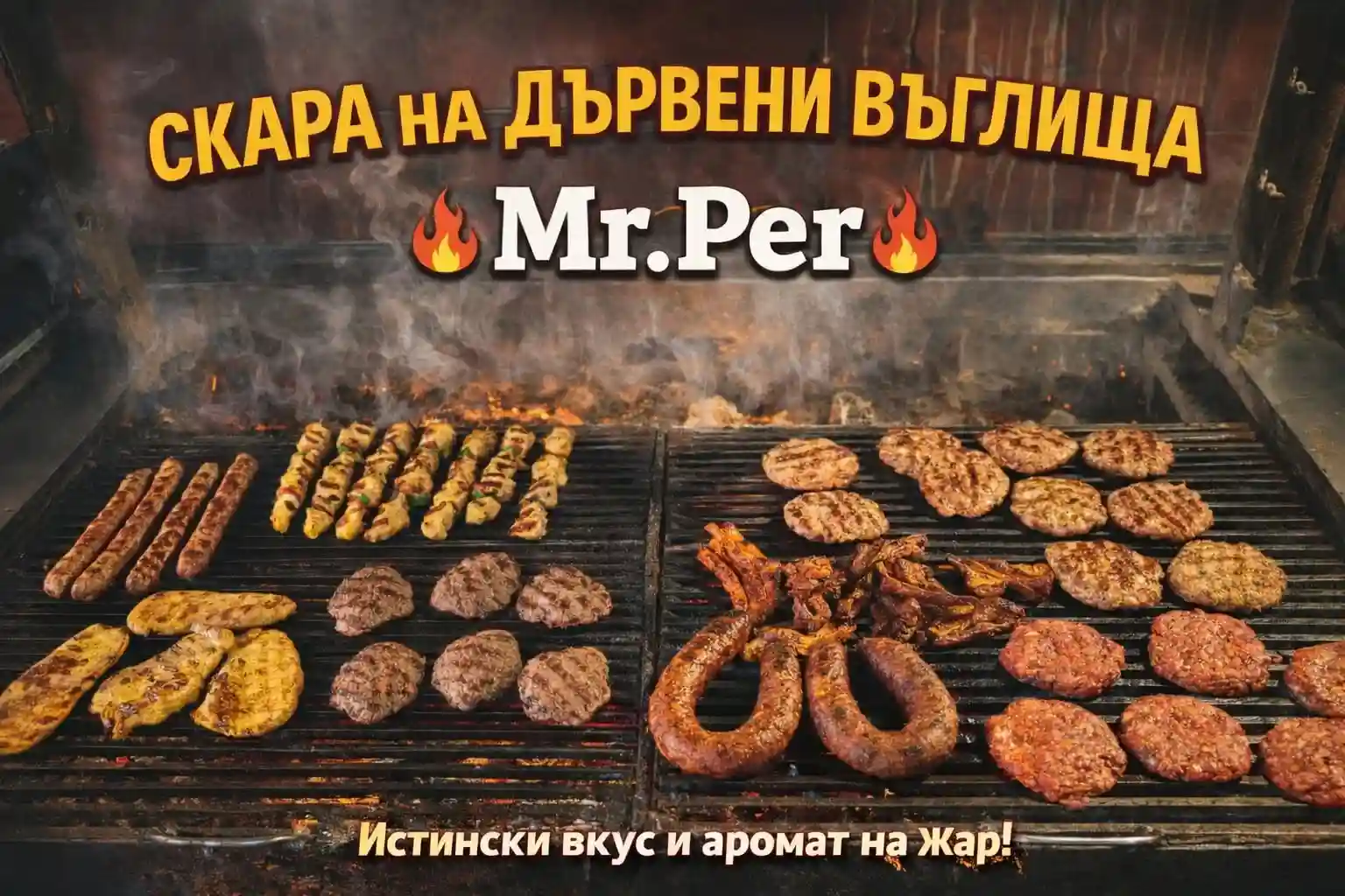 Истинска скара на дървени въглища с месо върху гореща жар в ресторант